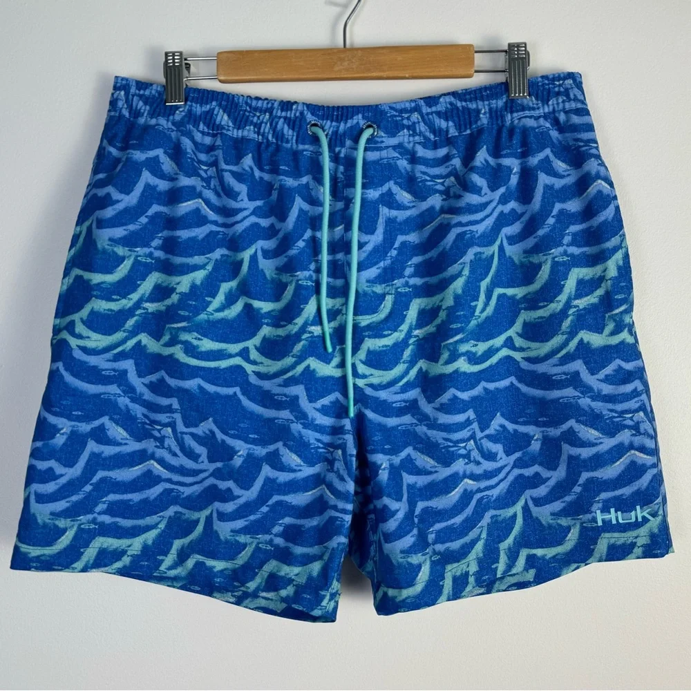 Huk Wave Volley 5.5” Inseam Swim Trunks Shorts Board Sz XL Blue Fishing Outdoors